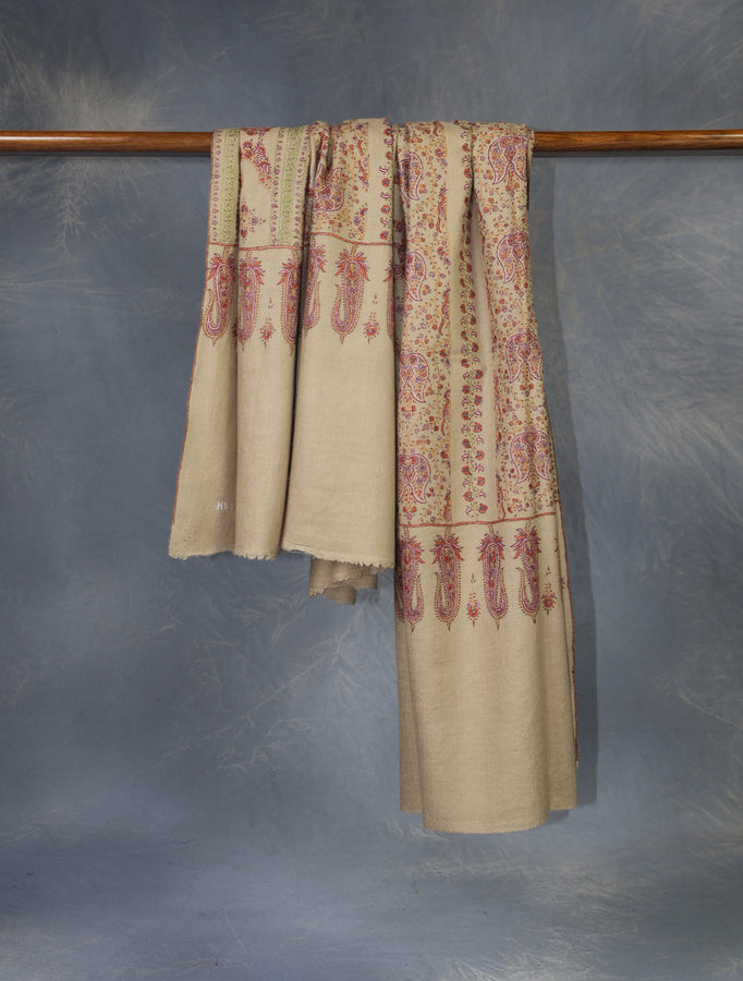 Light Beige Butti Dar And Jali Embroidery Cashmere Pashmina Shawl