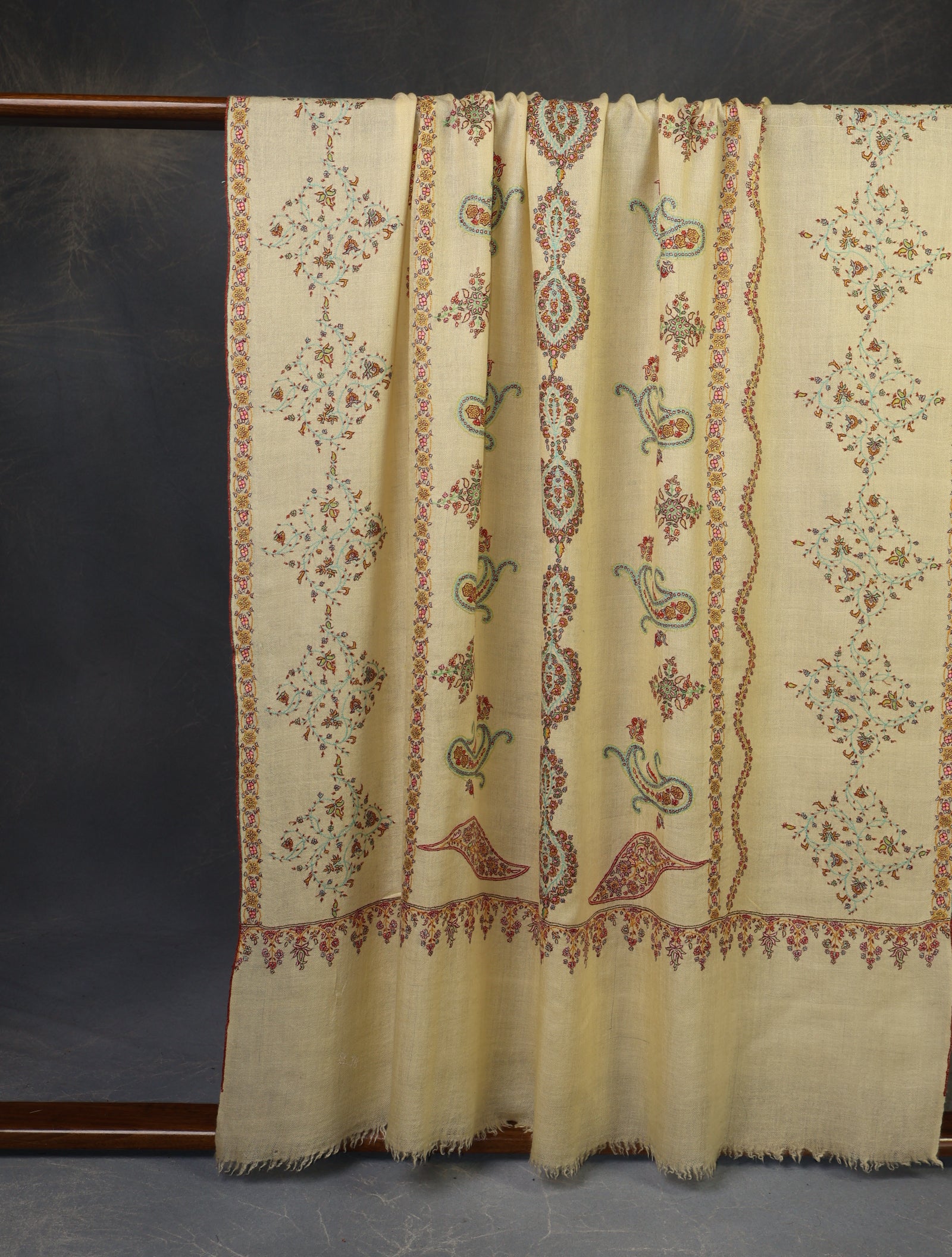 Lemon Base Striped Jali Embroidery Handwoven Cashmere Shawl