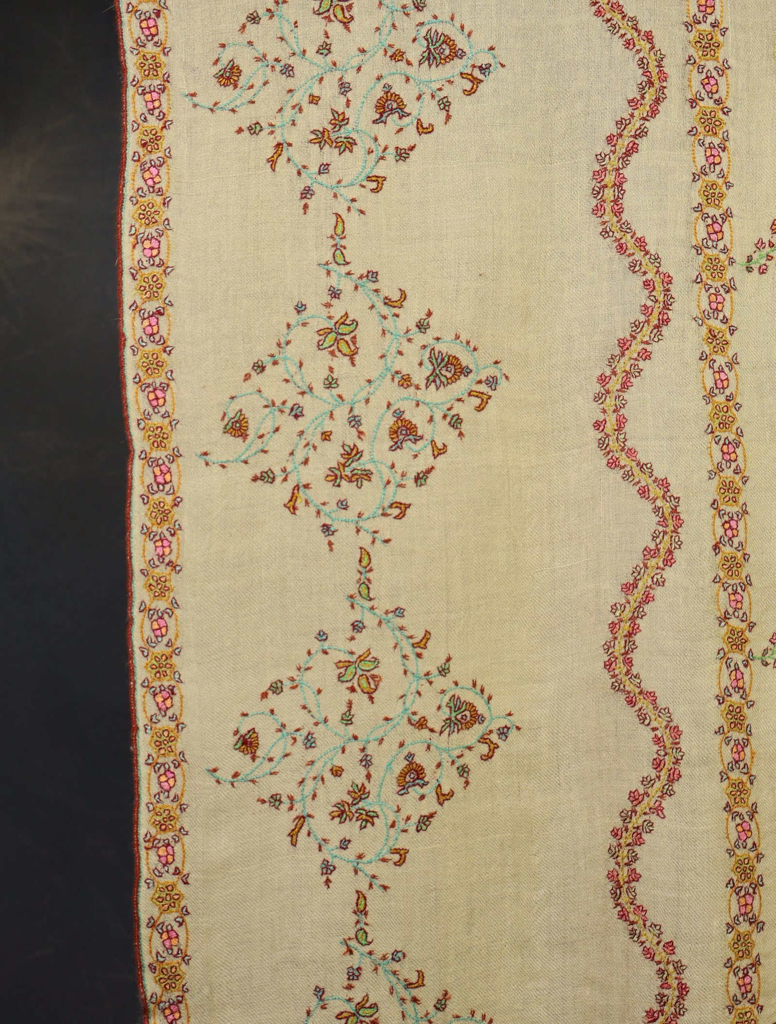Lemon Base Striped Jali Embroidery Handwoven Cashmere Shawl