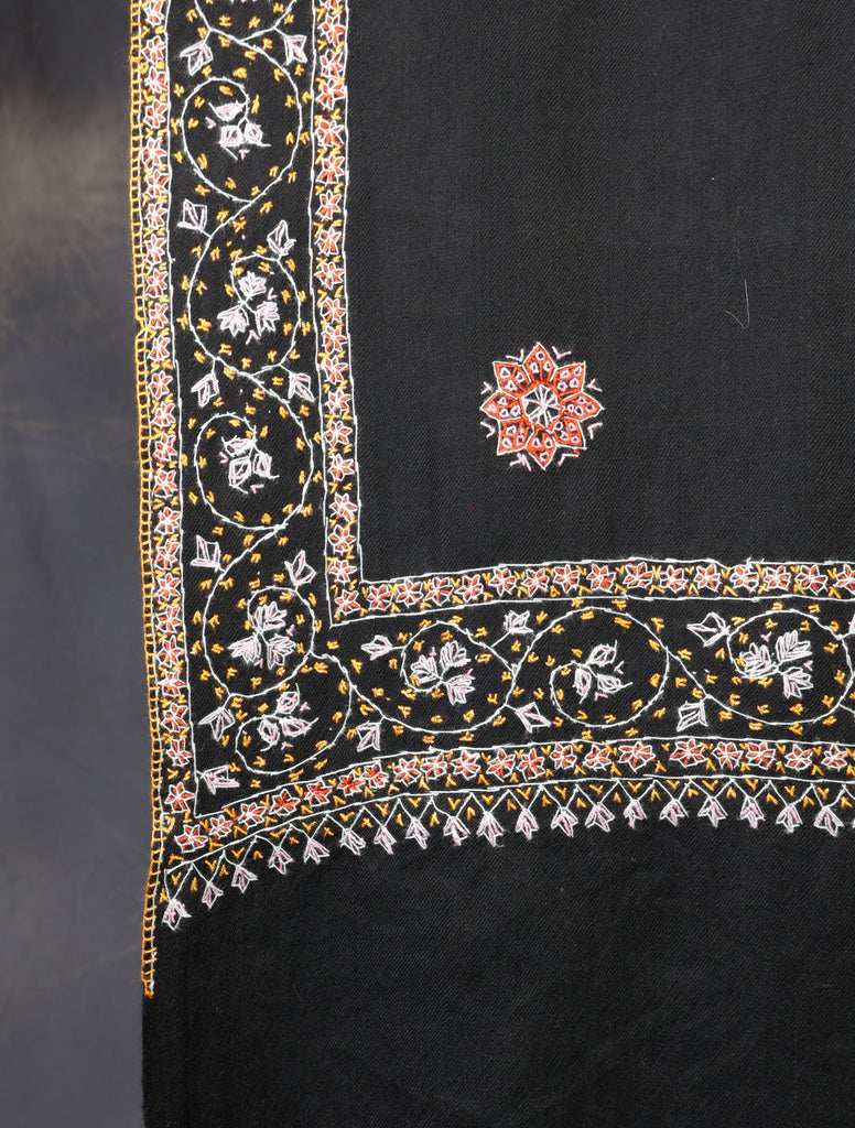 Black Base With Multi Color Buteh Motif Merino wool Embroidery Shawl