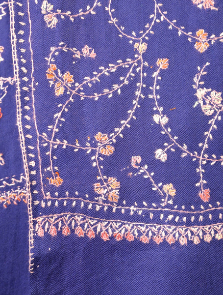 Blue Base Jali Sozni Embroidery Merino Wool Scarf