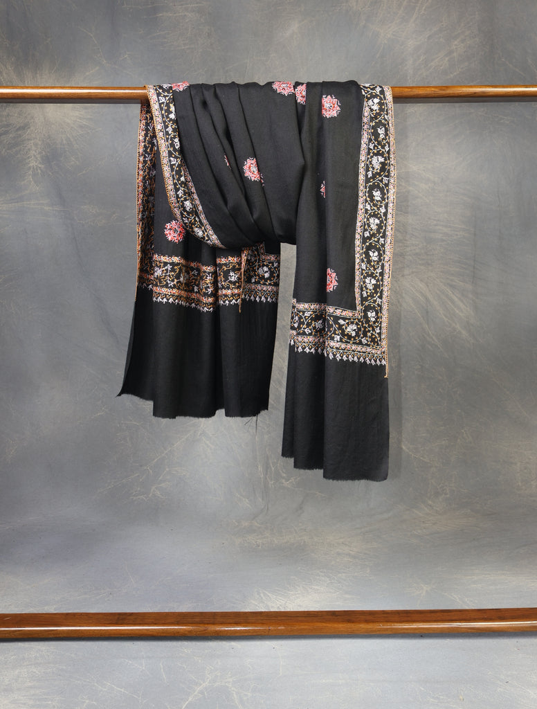 Black Base With Multi Color Buteh Motif Merino wool Embroidery Shawl