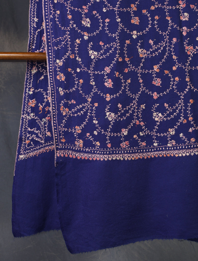 Blue Base Jali Sozni Embroidery Merino Wool Scarf