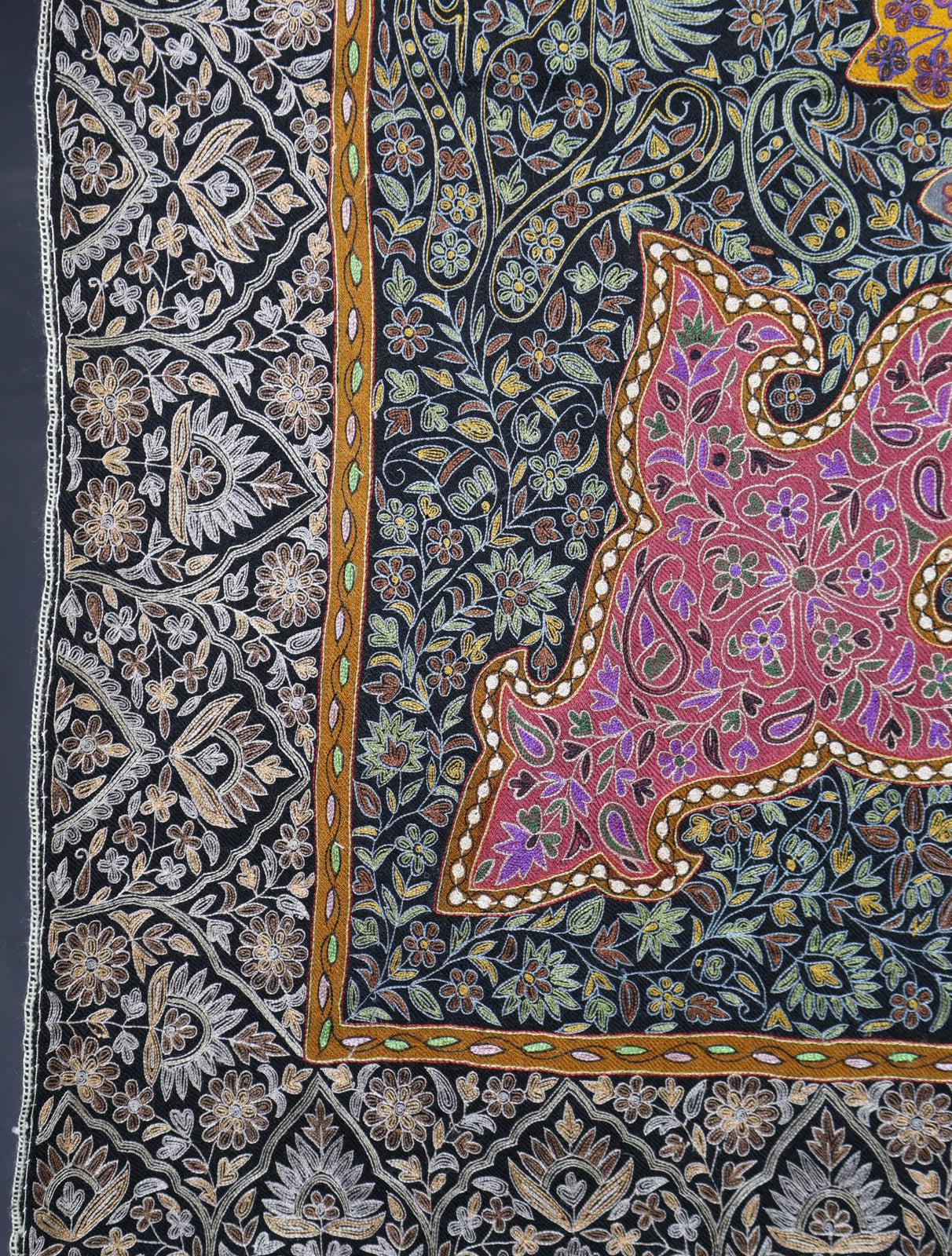 2.5 Yard Black Base Multicolor Kalamkari Embroidery Pashmina Shawl