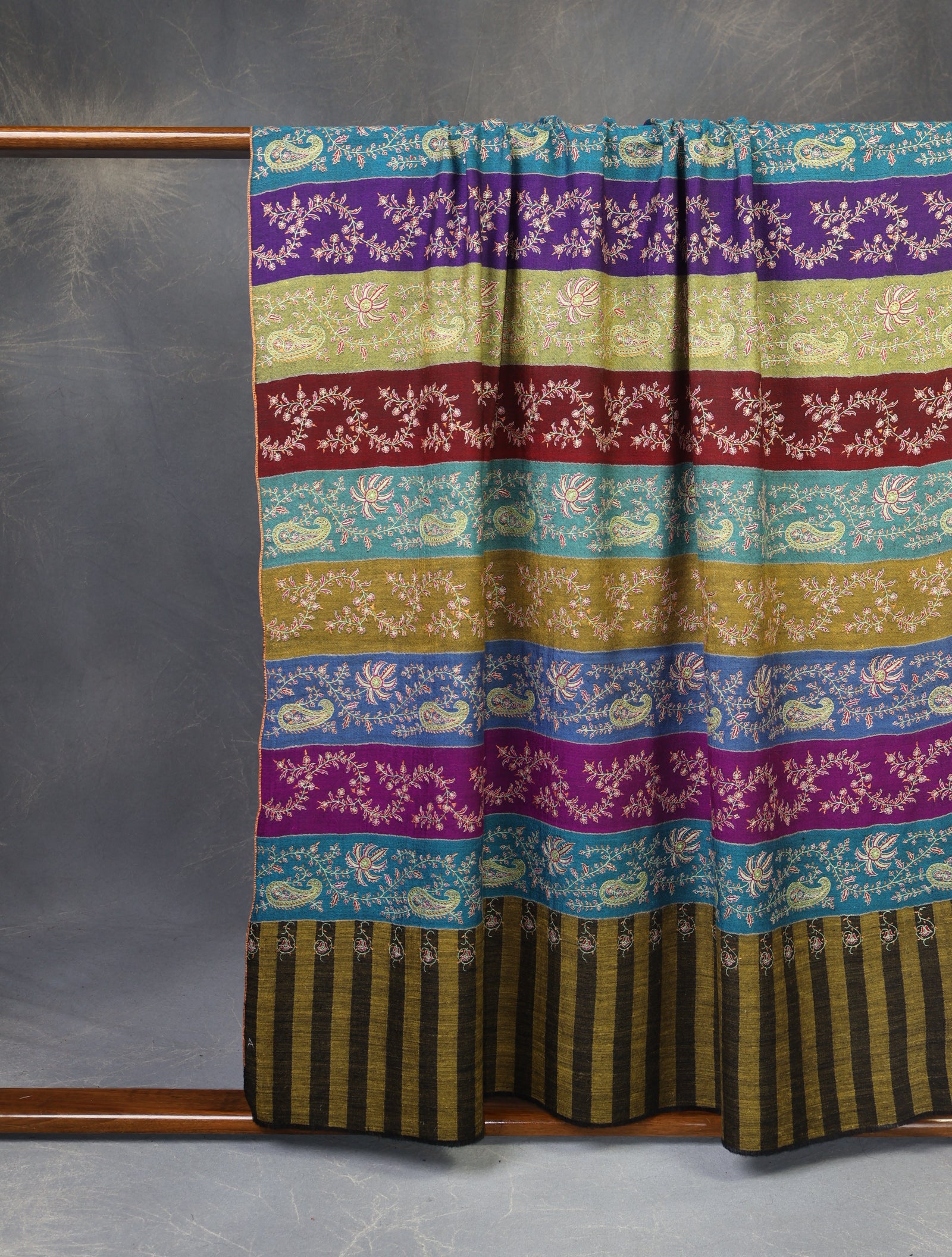 Multi color Base Striped Jali Embroidery Handwoven Cashmere Shawl
