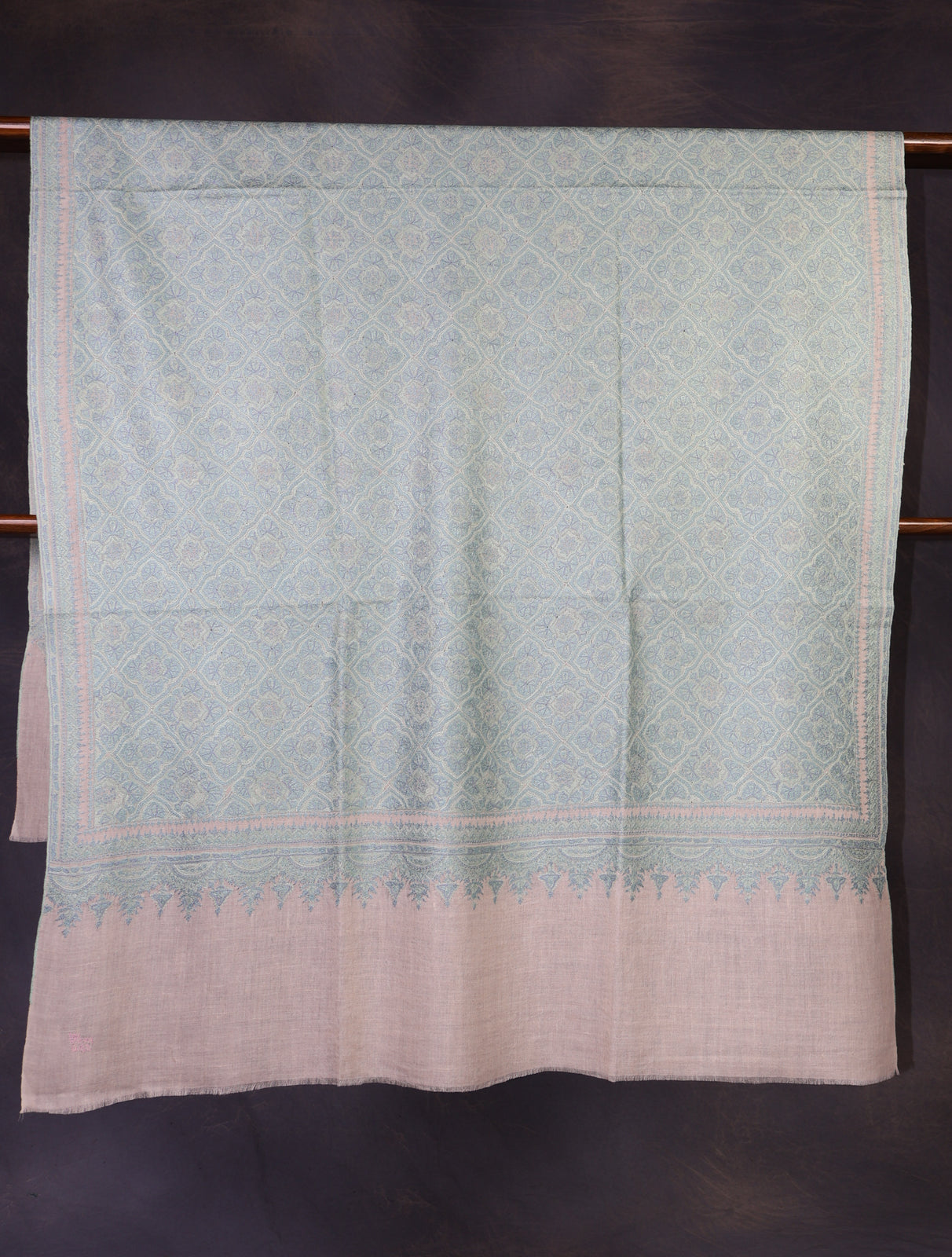 Ivory Base Green Jamawar Embroidery Pashmina Shawl