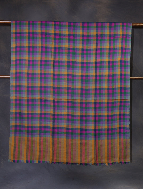Mustard Blue Checked handwoven Cashmere Pashmina Shawl