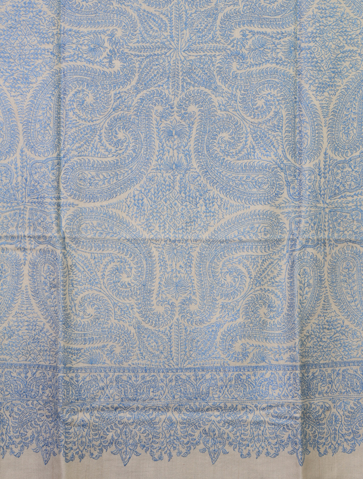 Ivory Base Blue Jamawar Embroidery Pashmina Shawl