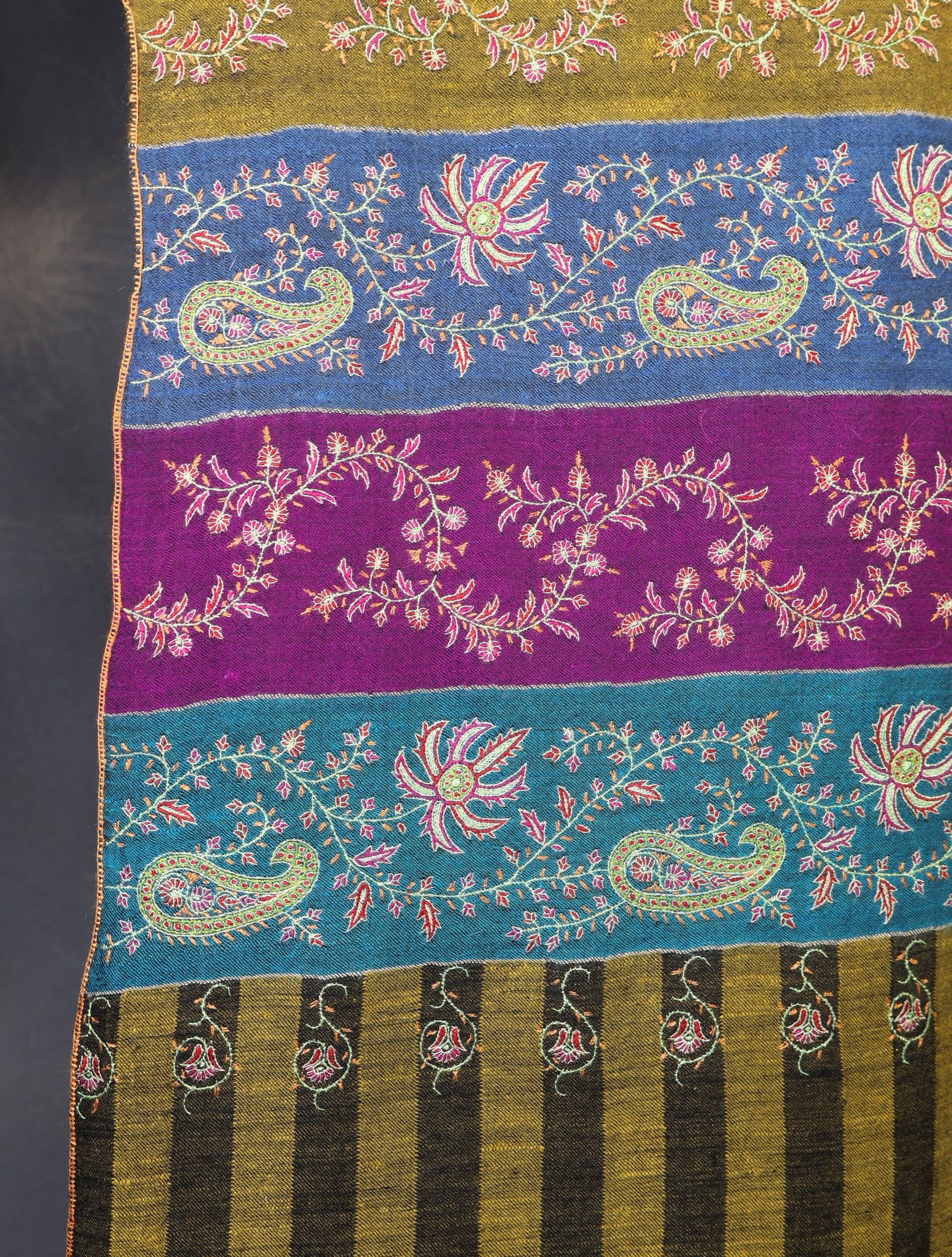 Multi color Base Striped Jali Embroidery Handwoven Cashmere Shawl