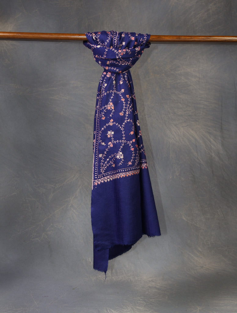Blue Base Jali Sozni Embroidery Merino Wool Scarf