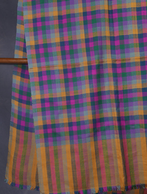 Mustard Blue Checked handwoven Cashmere Pashmina Shawl