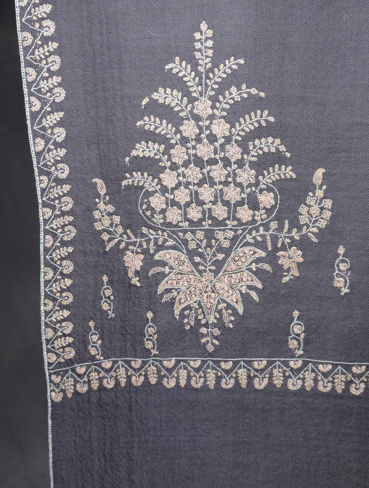 Grey Color Base Boteh Embroidery Pashmina Shawl