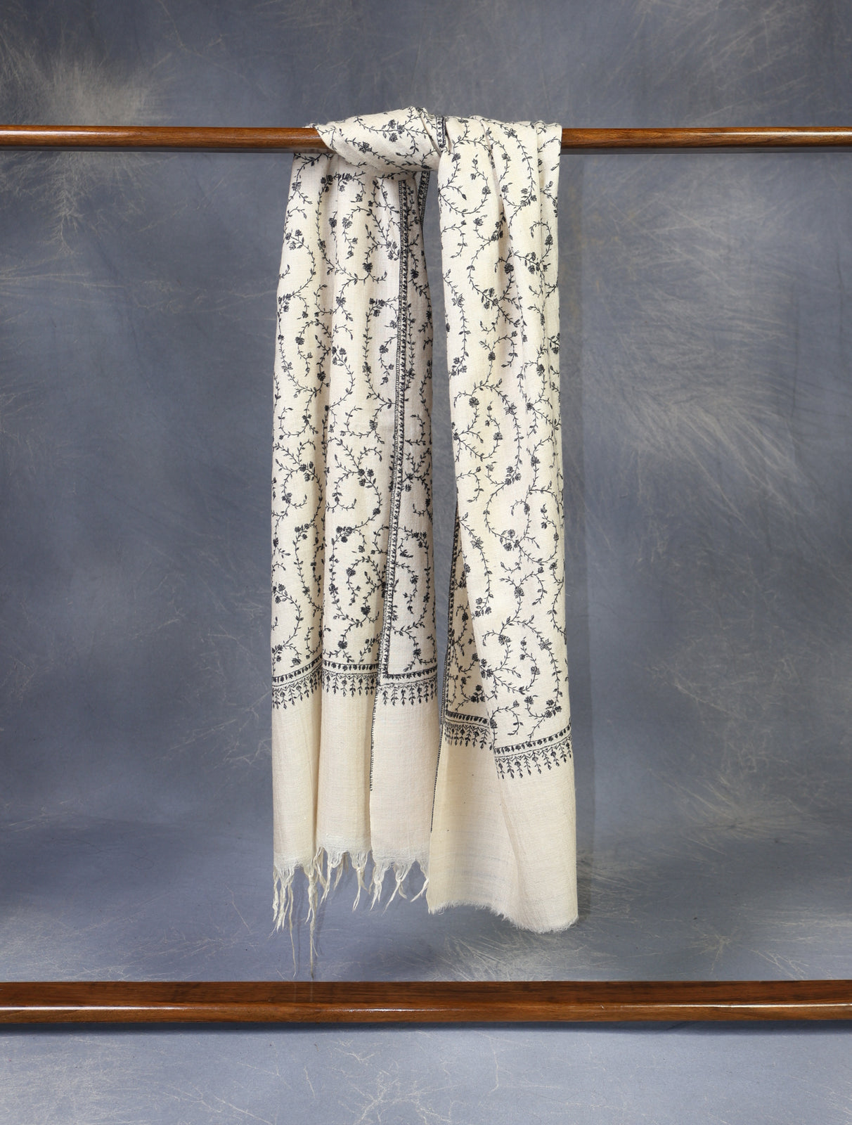 Ivory Jali Embroidery Cashmere Pashmina Scarf