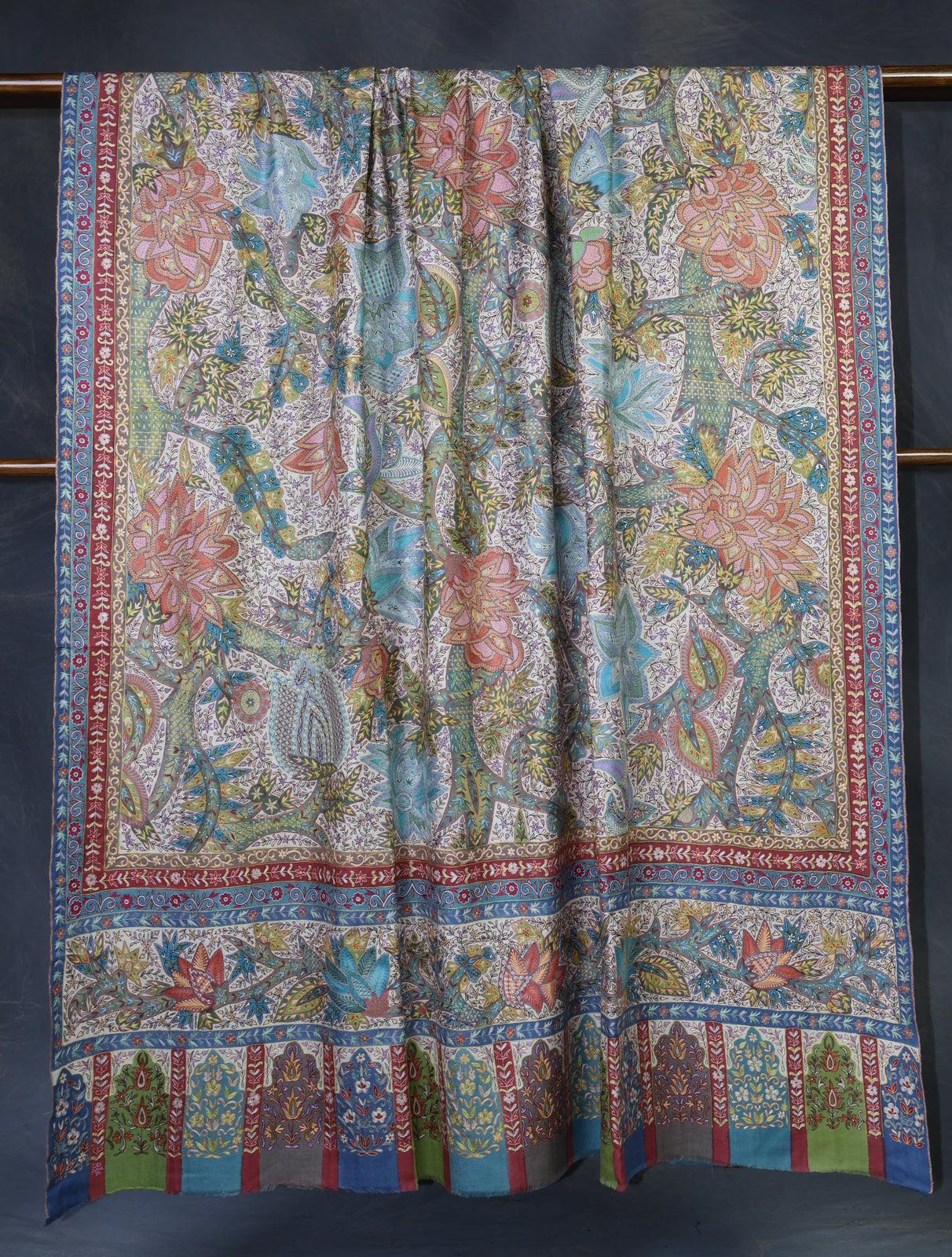 3 Yard Ivory Base Green Tone Kalamkari Embroidery Pashmina Shawl