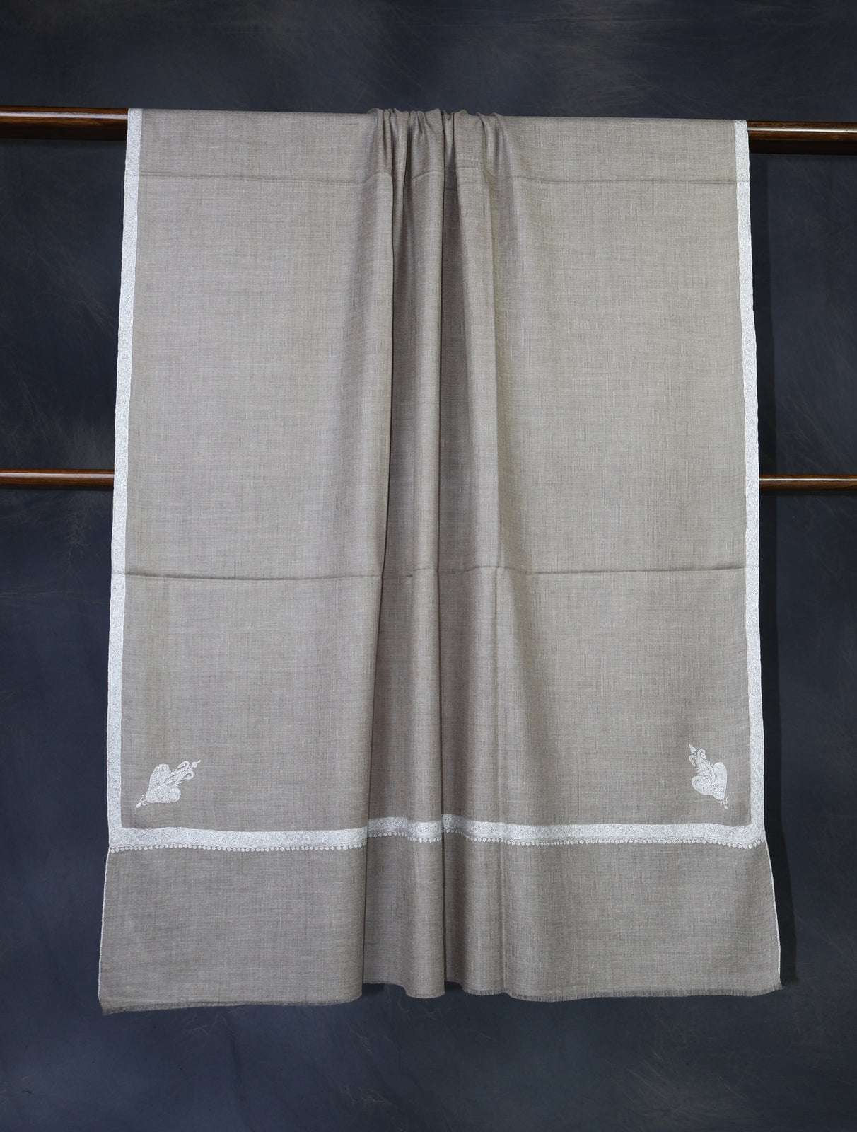 Light Natural Color White Small Border Embroidery Pashmina Shawl