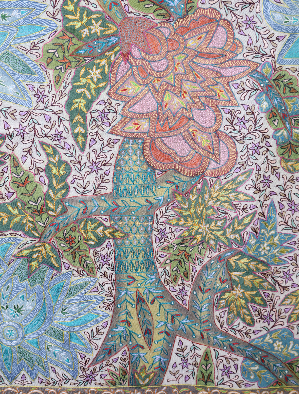3 Yard Ivory Base Green Tone Kalamkari Embroidery Pashmina Shawl