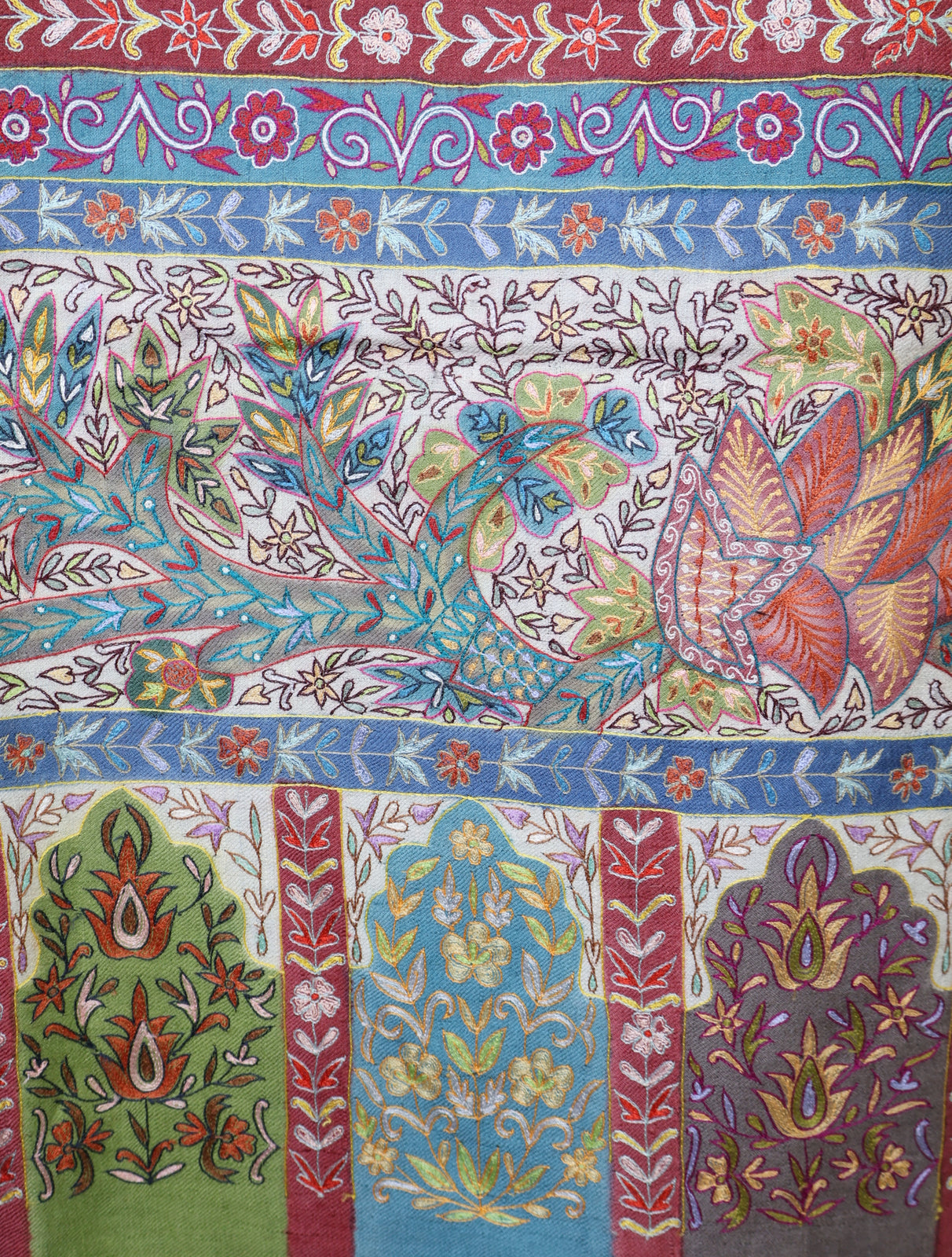 3 Yard Ivory Base Green Tone Kalamkari Embroidery Pashmina Shawl