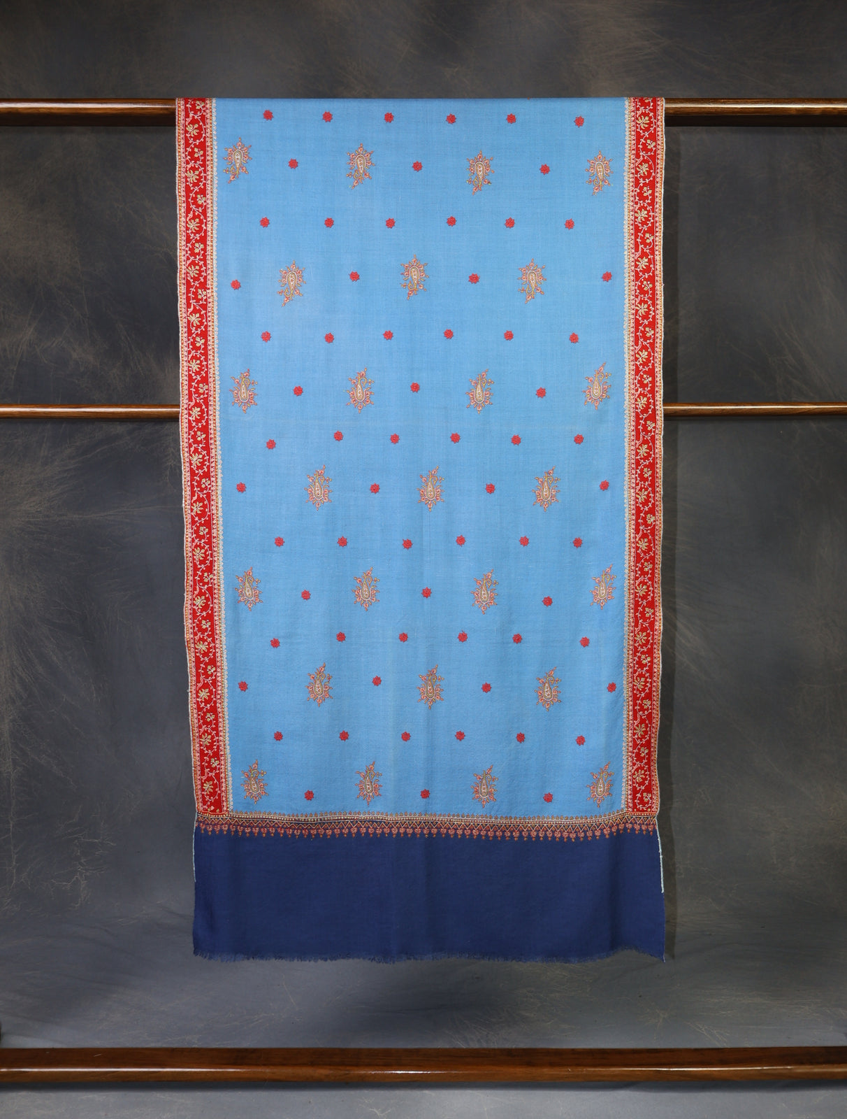 Blue Base With Red Border Embroidery Cashmere Pashmina Scarf