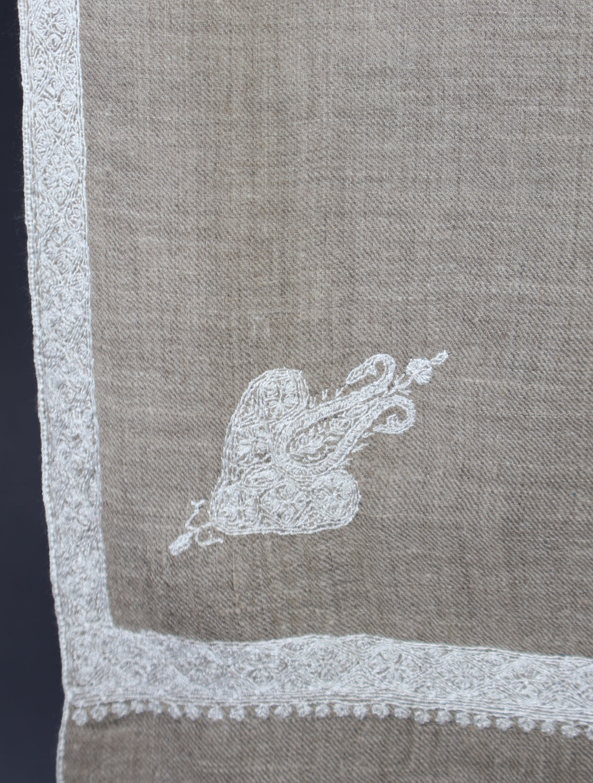 Light Natural Color White Small Border Embroidery Pashmina Shawl