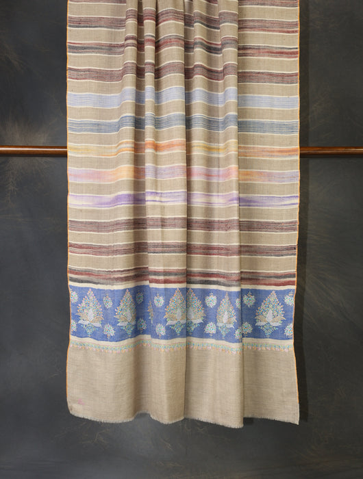Natural Ikkat Base Blue Big Border Embroidery Cashmere Pashmina Shawl