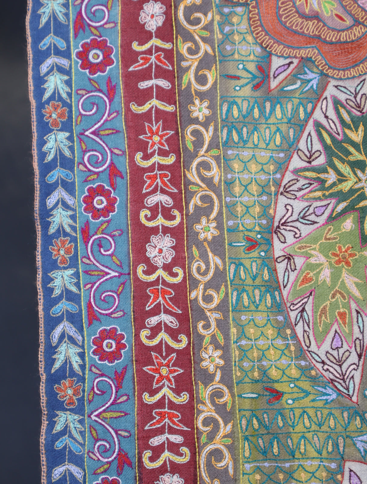 3 Yard Ivory Base Green Tone Kalamkari Embroidery Pashmina Shawl