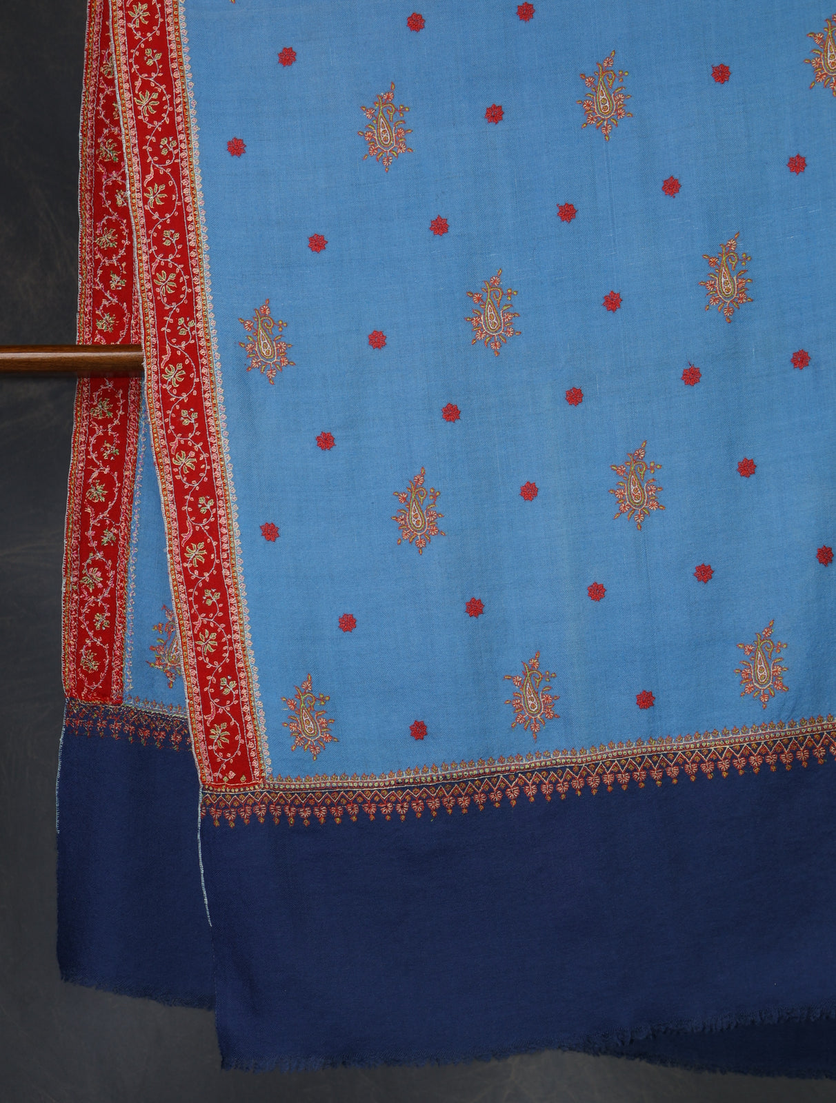 Blue Base With Red Border Embroidery Cashmere Pashmina Scarf