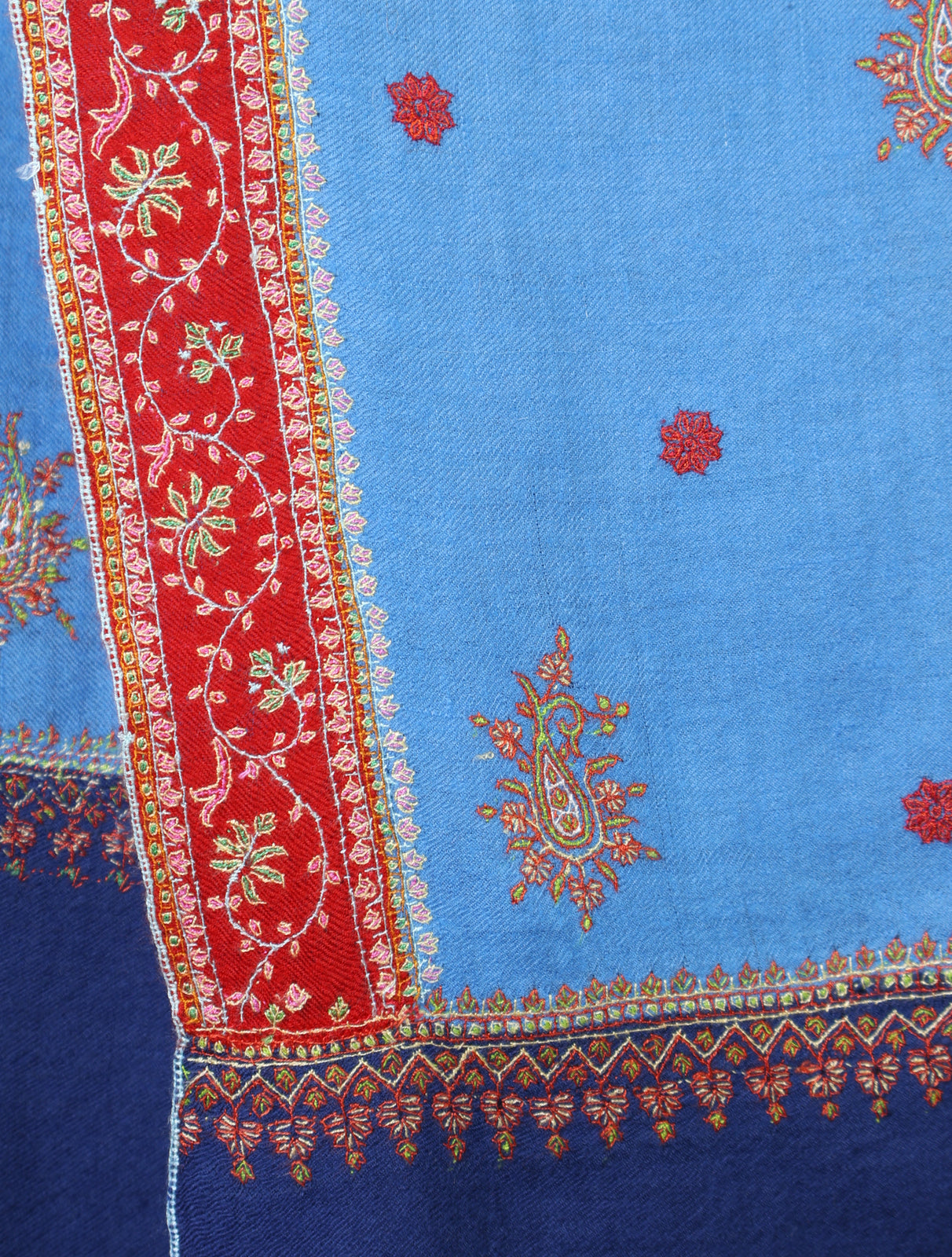 Blue Base With Red Border Embroidery Cashmere Pashmina Scarf