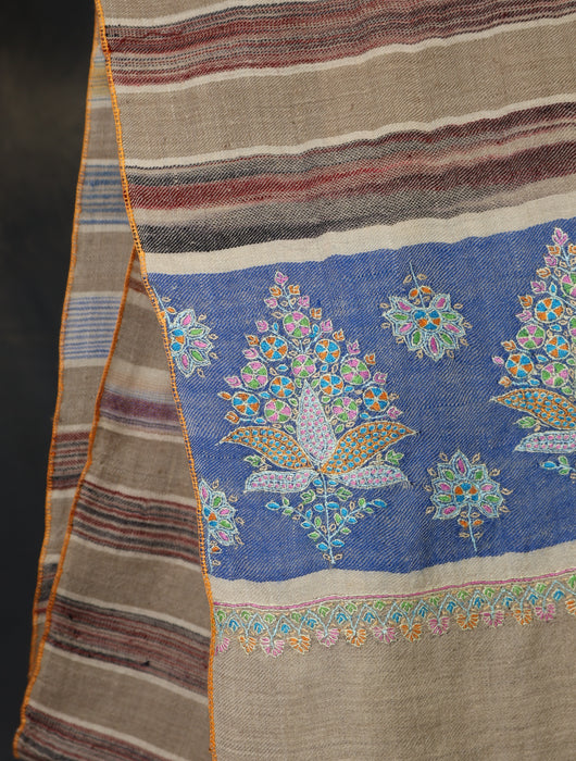 Natural Ikkat Base Blue Big Border Embroidery Cashmere Pashmina Shawl