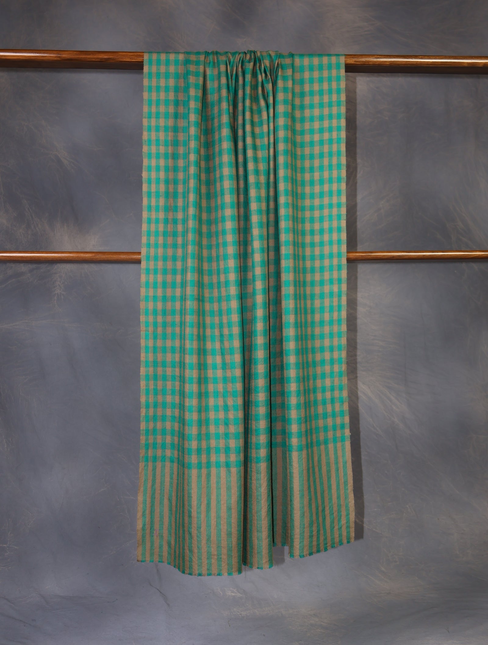 Natural and Green Checked Handwoven Cashmere Pashmina Shawl