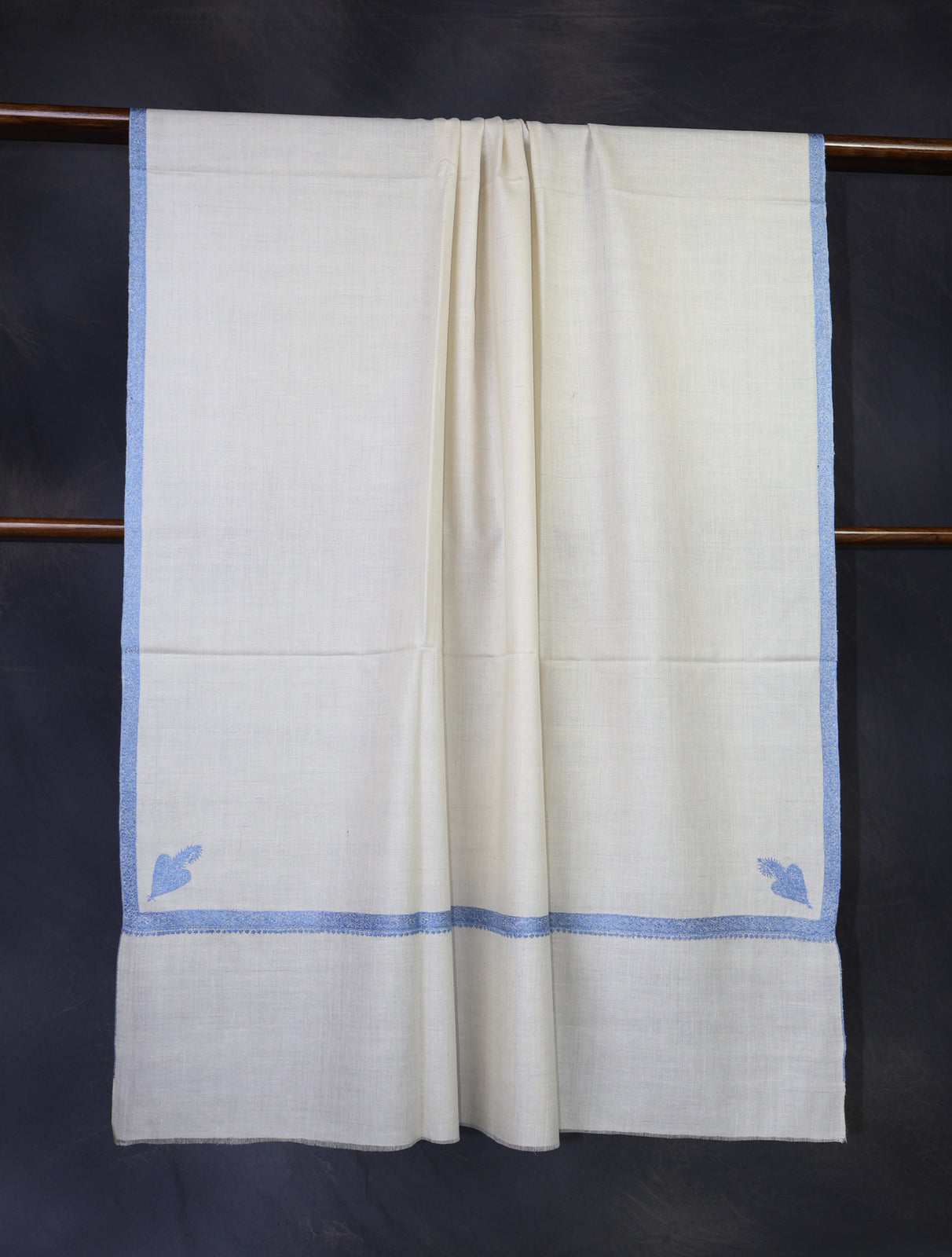 Ivory Color Blue Small Border Embroidery Pashmina Shawl