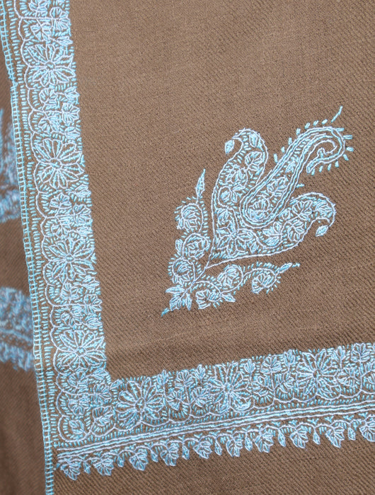 Natural Base Blue Big Border Embroidery Cashmere Pashmina Shawl