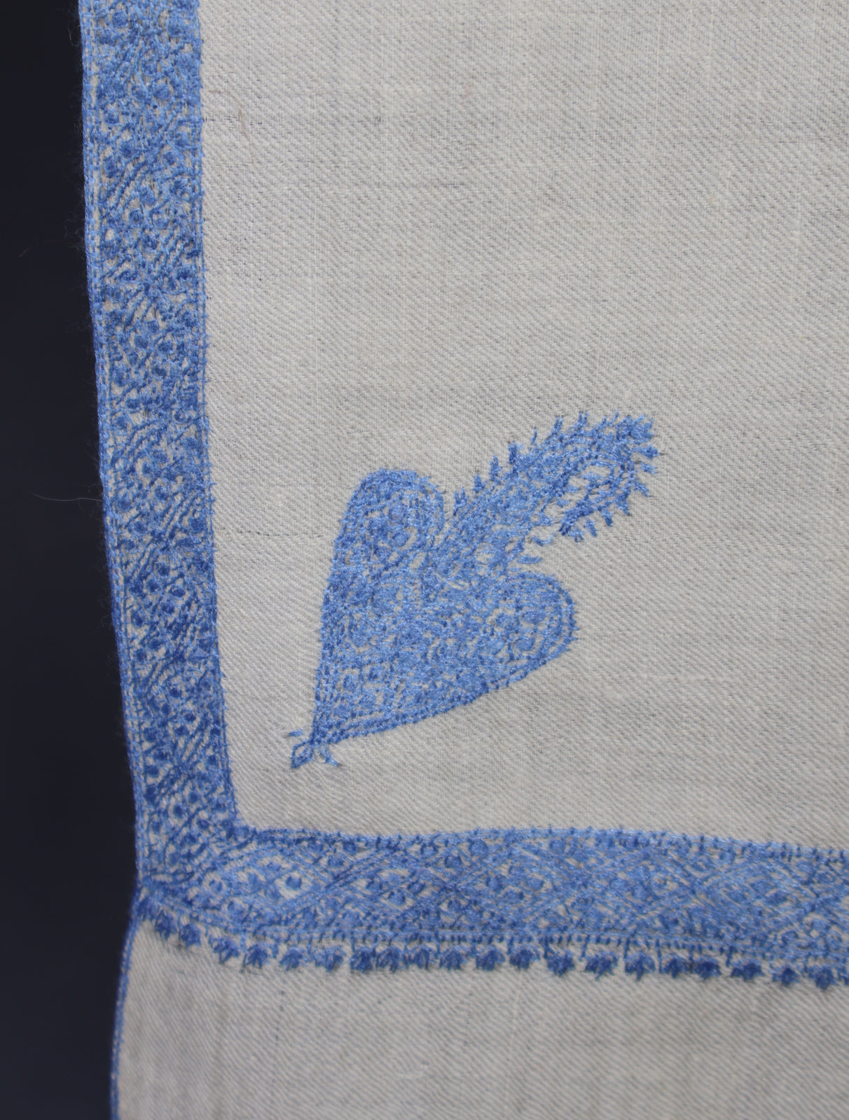 Ivory Color Blue Small Border Embroidery Pashmina Shawl