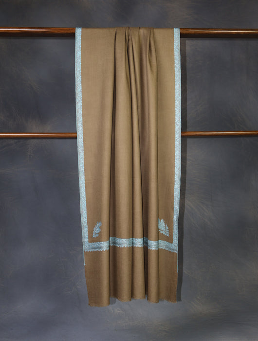 Natural Base Blue Big Border Embroidery Cashmere Pashmina Shawl