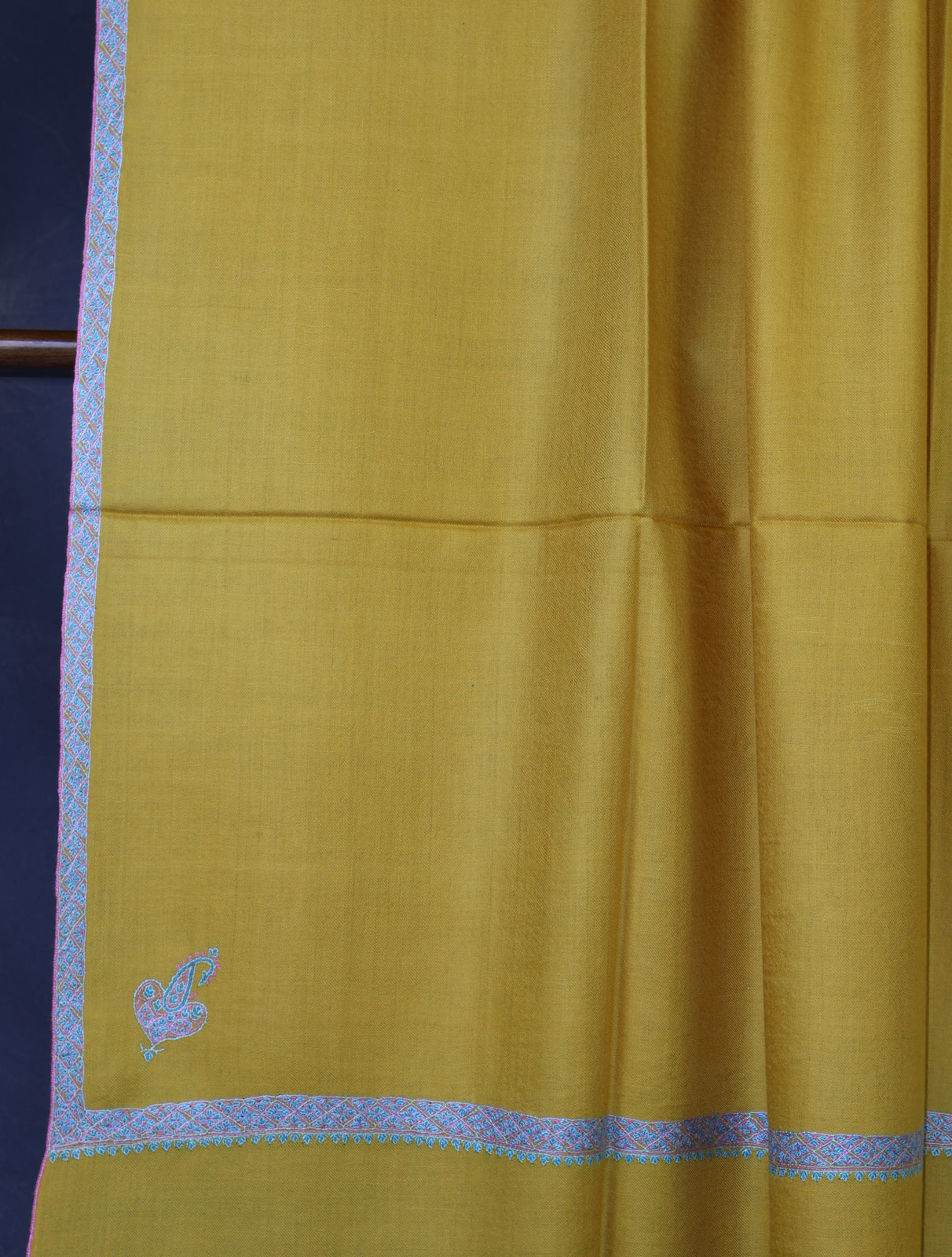 Mustard Color Blue Small Border Embroidery Pashmina Shawl