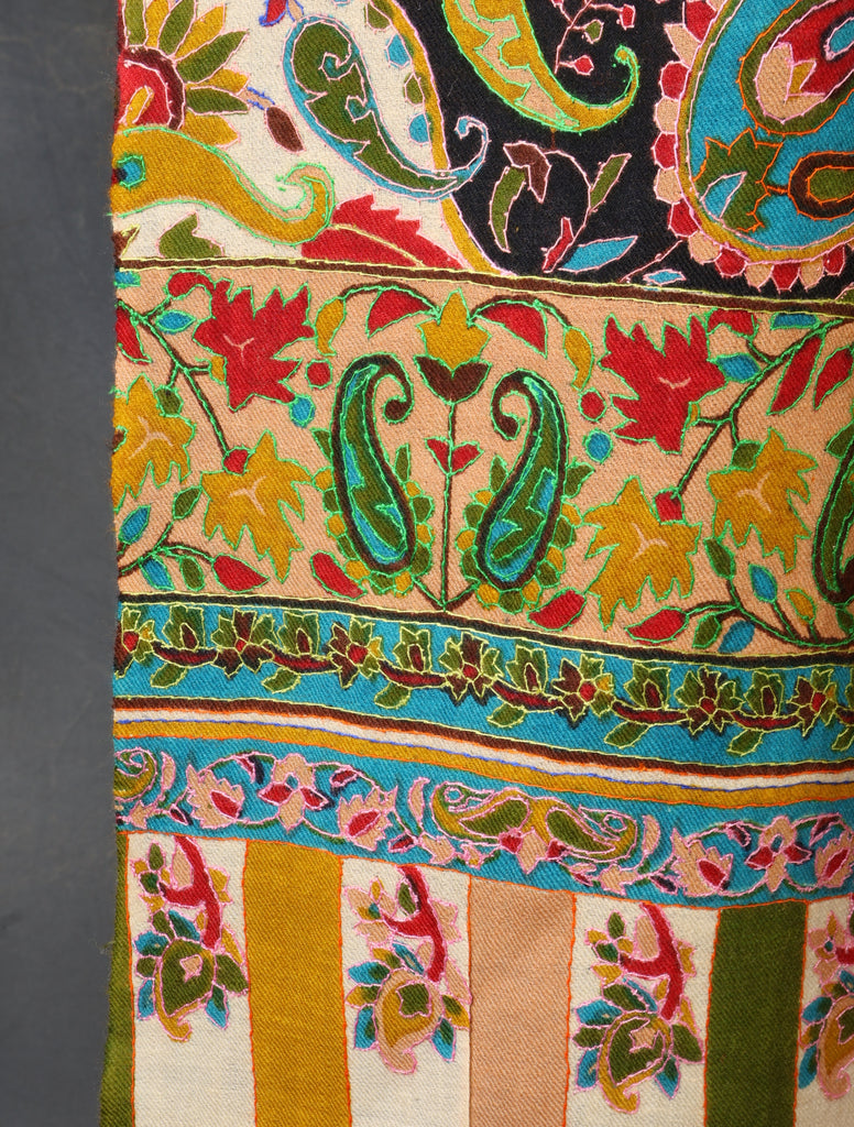 Multicolor jali Sozni Embroidery Fine Merino Wool Scarf