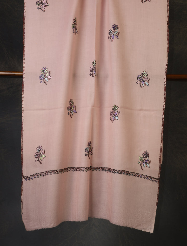 Pink Base Buteh Merino Sozni Hand Embroidery Scarf