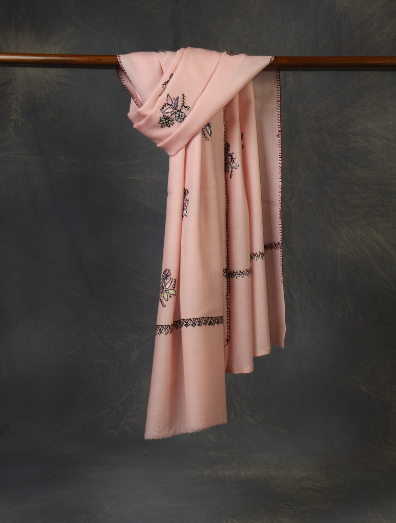 Pink Base Buteh Merino Sozni Hand Embroidery Scarf