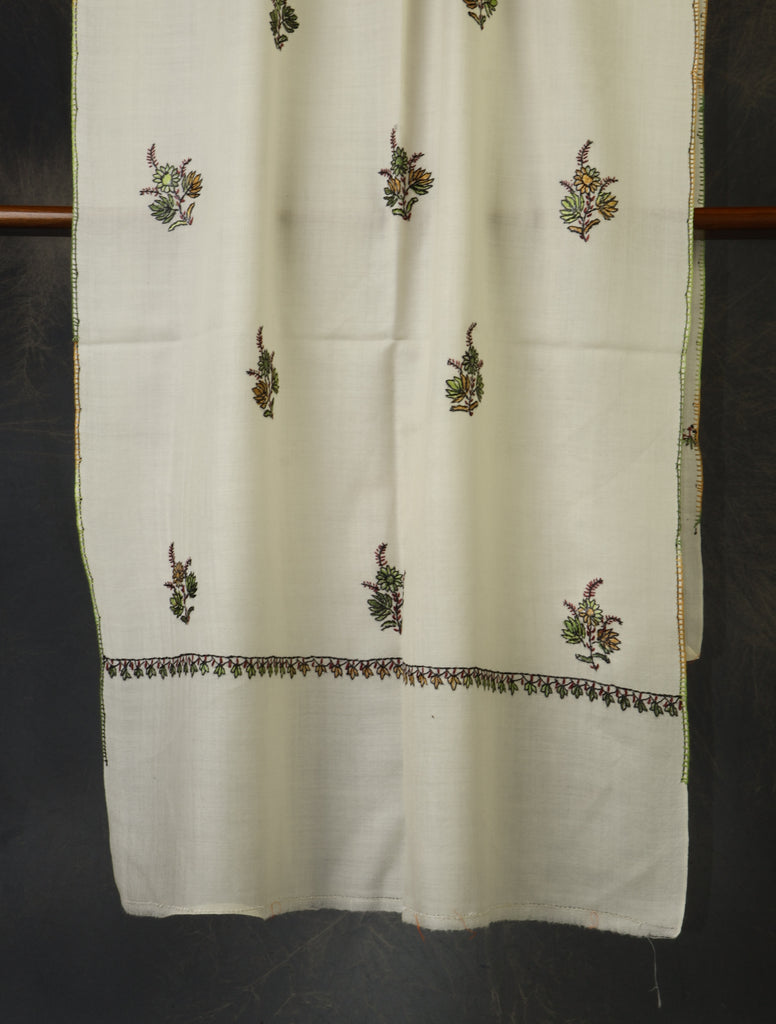 Ivory Base Buteh Merino Sozni Hand Embroidery Scarf