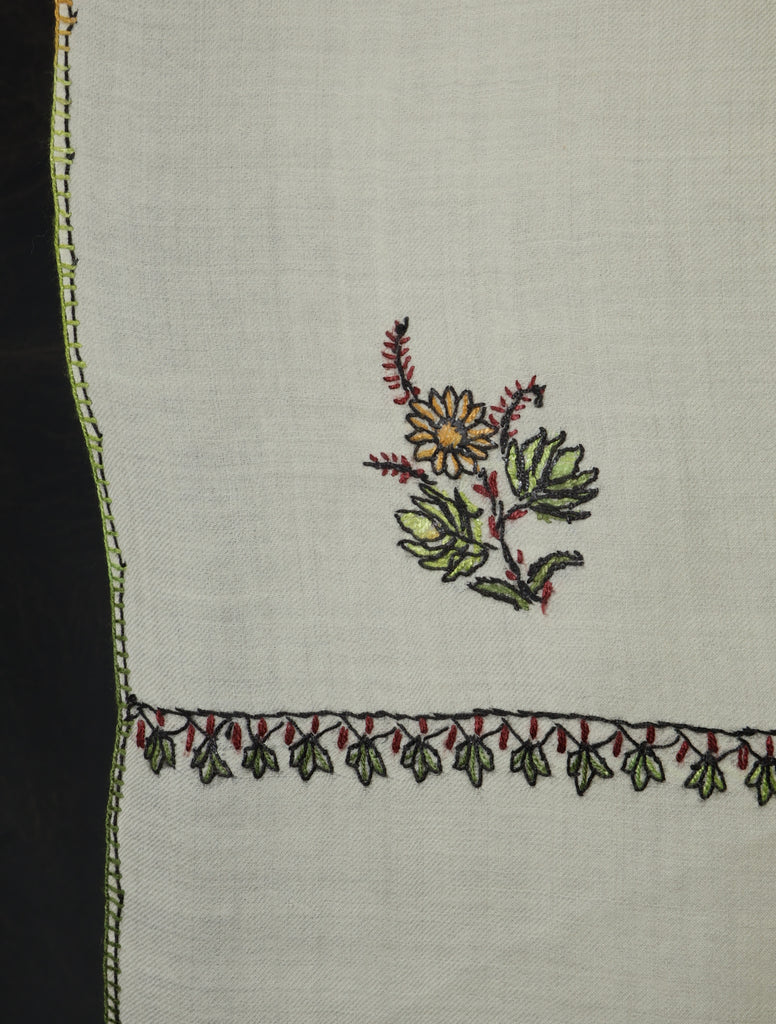 Ivory Base Buteh Merino Sozni Hand Embroidery Scarf