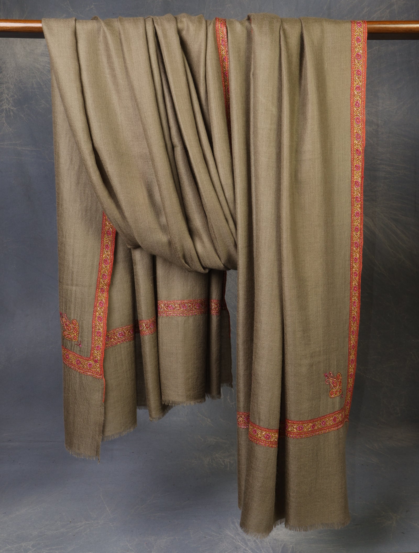 3 yard Natural Brown Small Border Embroidery Cashmere Pashmina Shawl