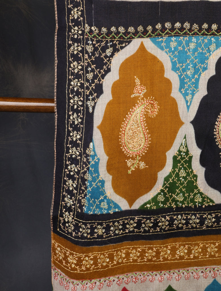 Multicolor Border Sozni Embroidery Fine Merino Wool Scarf