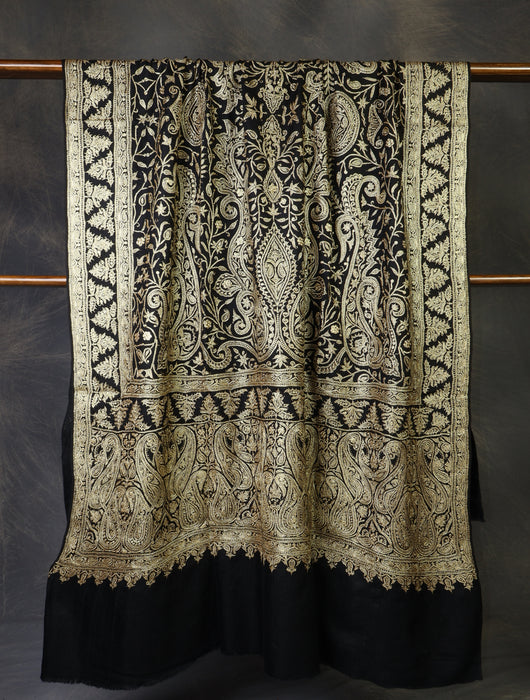 3 Yard Black Base With Tilla Embroidery Pashmina Shawl