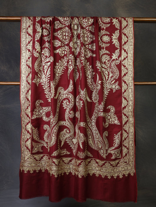 2.5 Yard Maroon Tilla Embroidery Pashmina Shawl