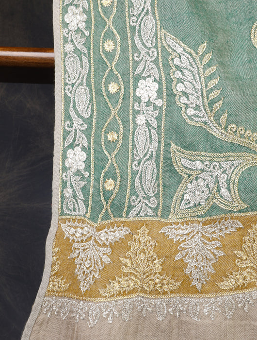 2.5 Yard Green Tilla Embroidery Pashmina Shawl