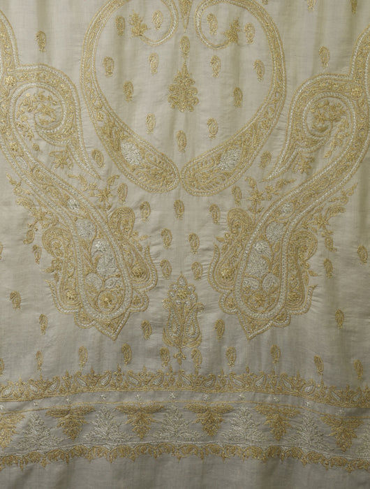 3 Yard Ivory Base With Silver And Golden Tilla Embroidery Pashmina Shawl