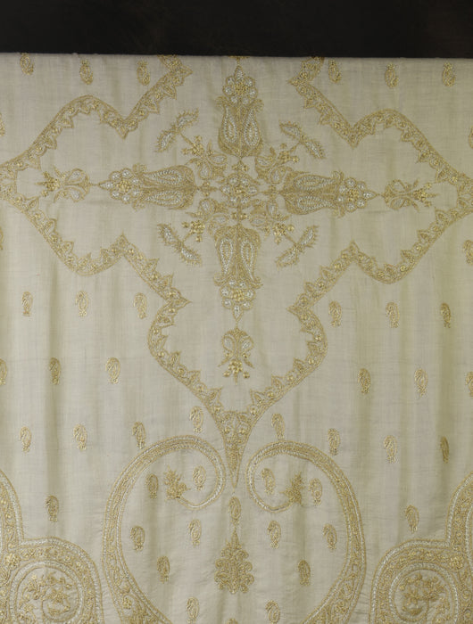 3 Yard Ivory Base With Silver And Golden Tilla Embroidery Pashmina Shawl