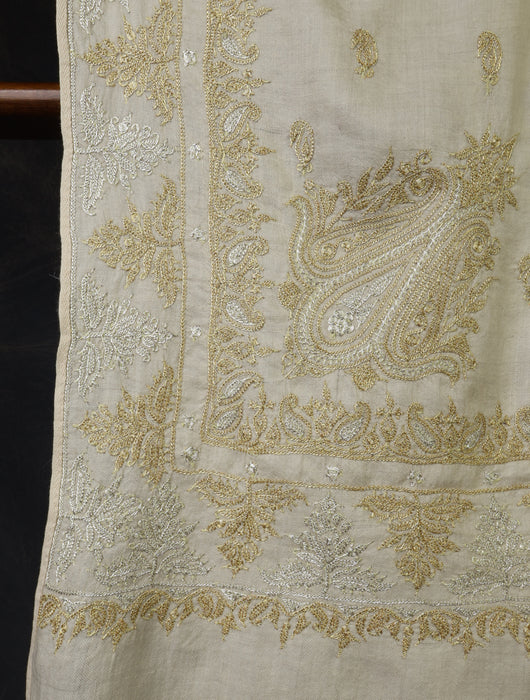 3 Yard Ivory Base With Silver And Golden Tilla Embroidery Pashmina Shawl