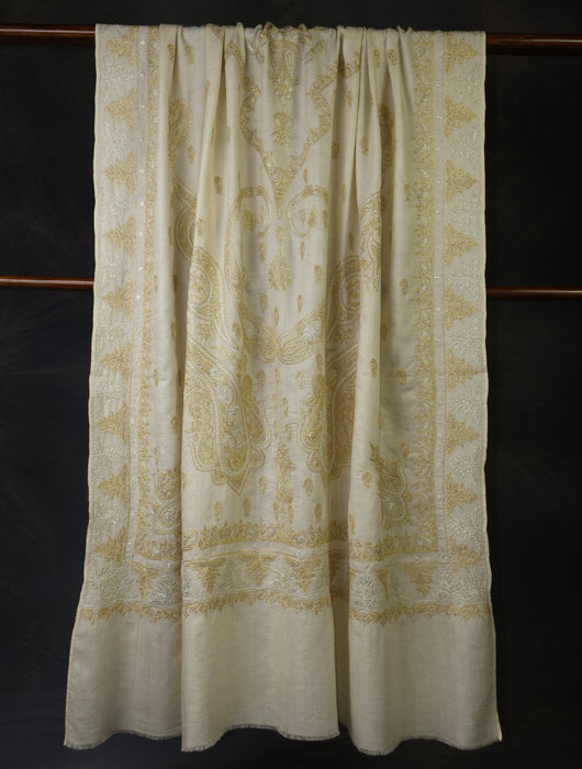 3 Yard Ivory Base With Silver And Golden Tilla Embroidery Pashmina Shawl