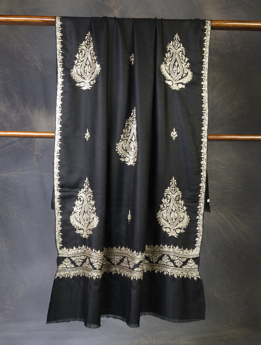 Black Base With Tilla Buteh Embroidery Pashmina Shawl