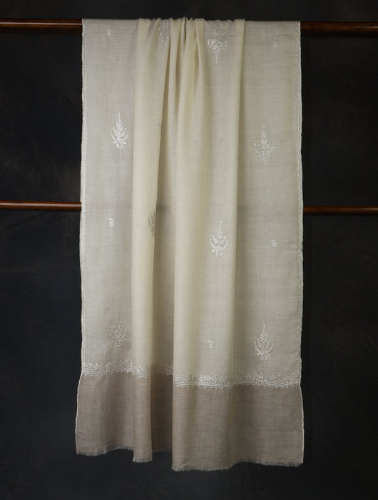 Ivory Base With Natural Border And Tilla Embroidery Pashmina Shawl